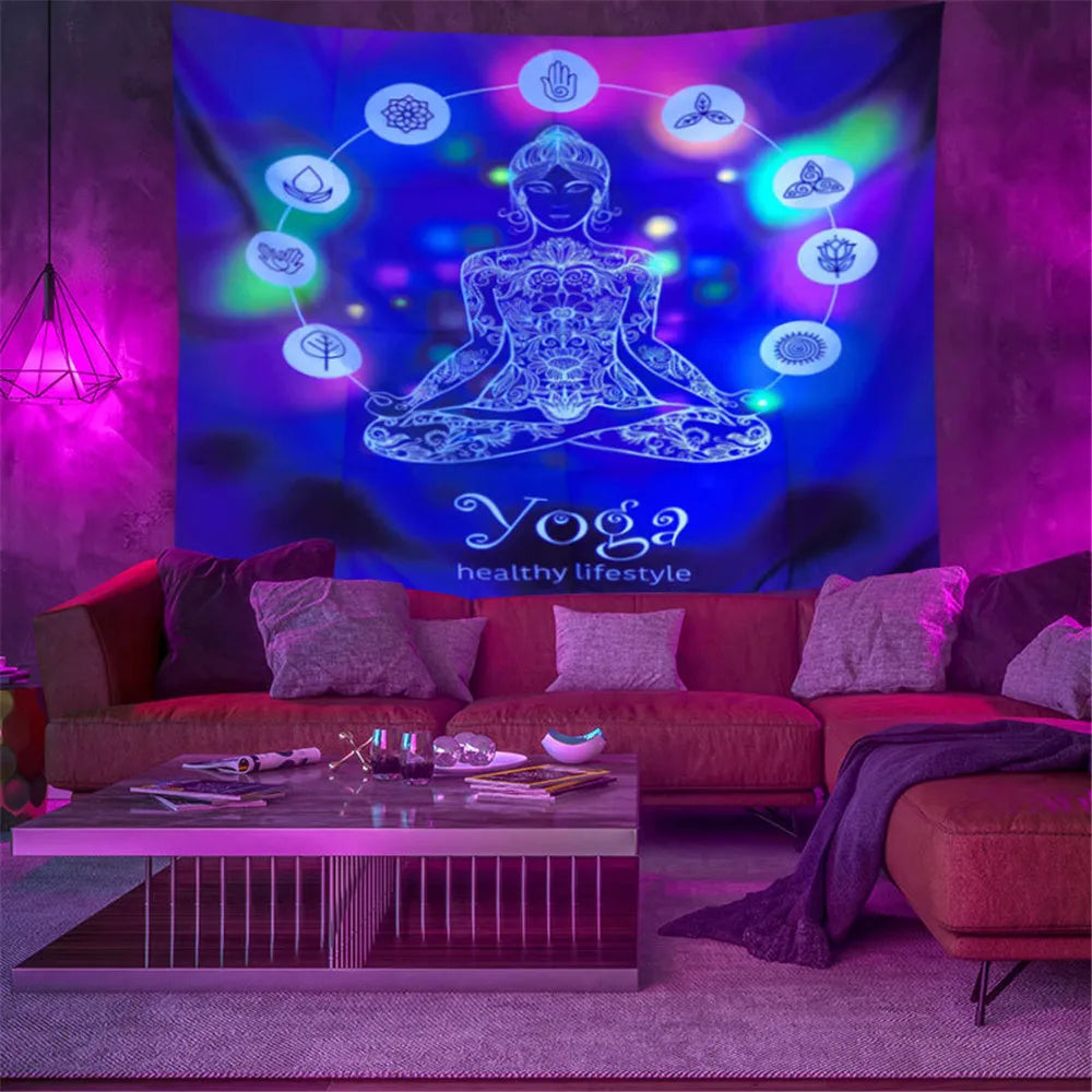 Fluorescent Trippy Namaste Tapestry Collection. Psychedelic Choices.