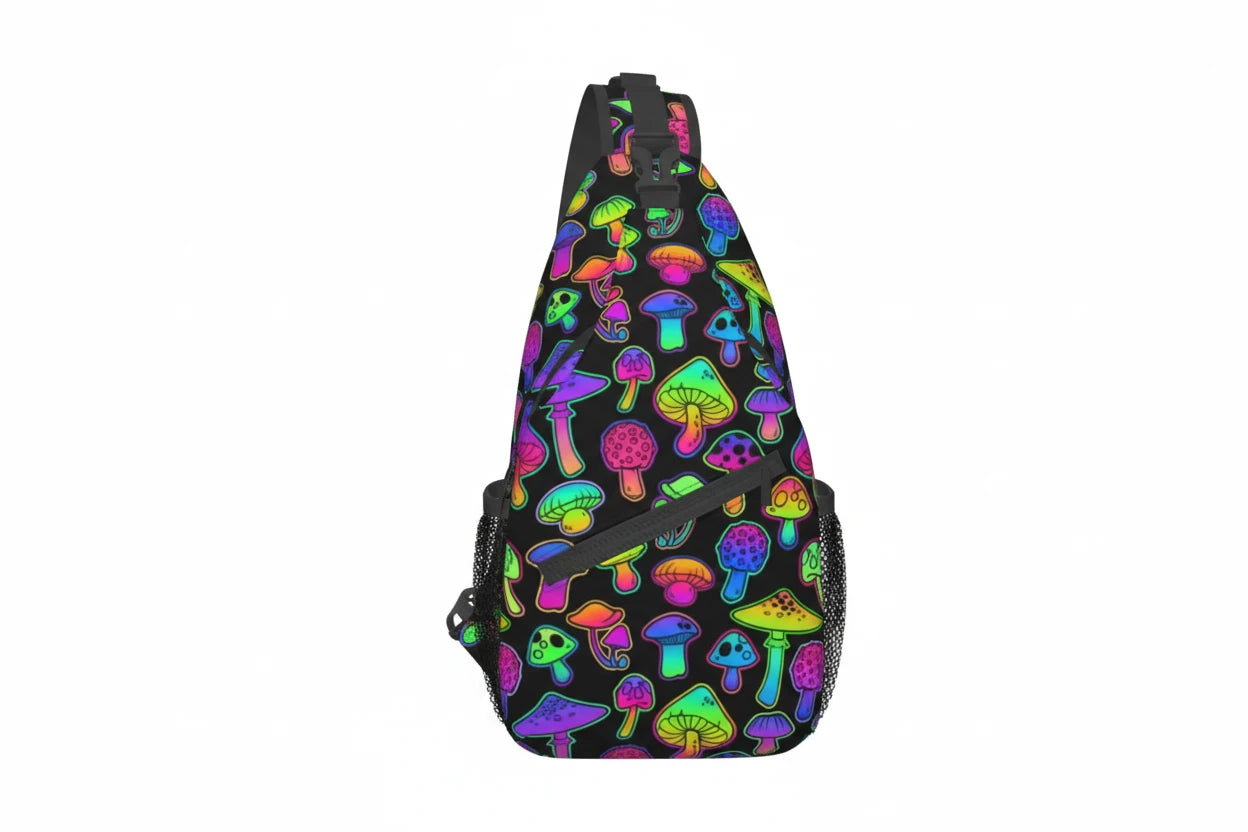 Naser’s Shroom Sack.  Colorful Magic Mushroom Casual Crossbody Backpack / Sling Bag.