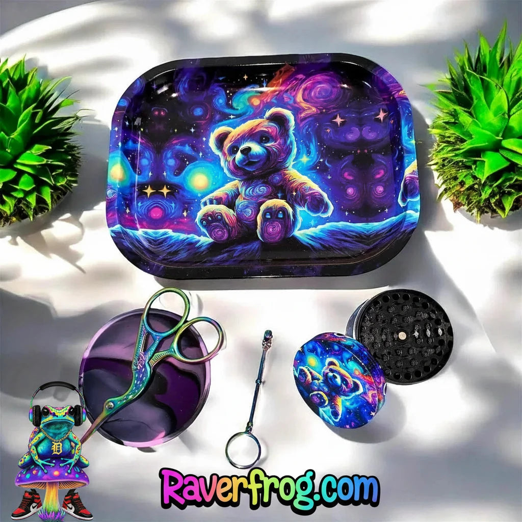 2" Starry Night Neon Teddy Herb Grinder and Rolling Tray + Trimming Scissors + Keefe Scraper+ Pipe Multi-Tool.  100% Discreet Packaging!