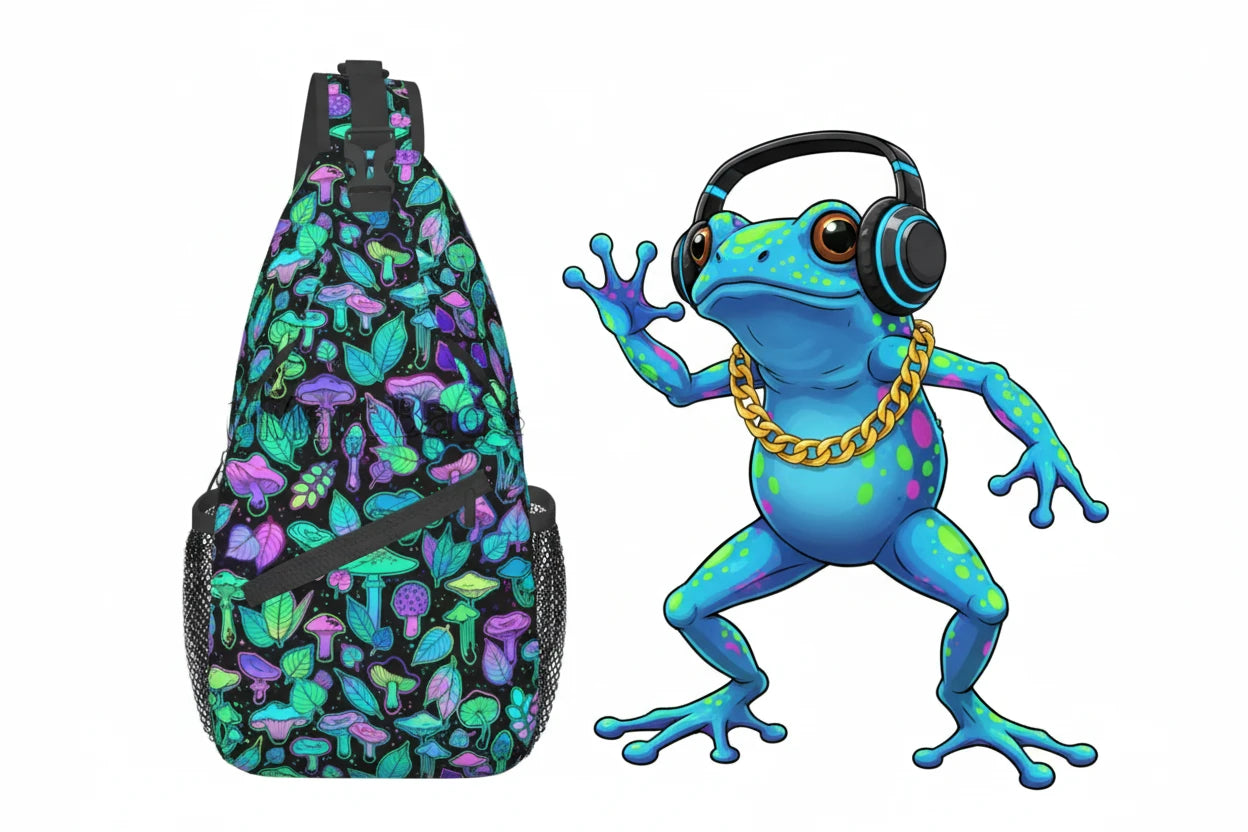 Naser’s Shroom Sack.  Colorful Magic Mushroom Casual Crossbody Backpack / Sling Bag.