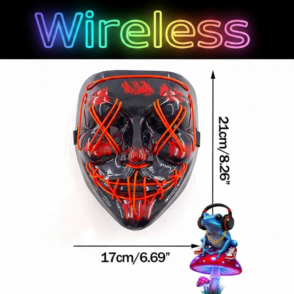 Wireless Neon LED Festival Mask.  **AAA Battery Powered** Wireless Set-Up.  Multi-Mode Options.  18hr Battery Life!