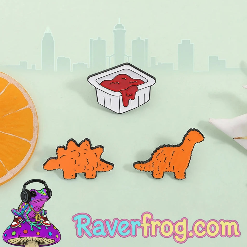Dinosaur Nuggets / Dipping Sauce Festival Enamel Pins!  Brachiosaurus, Stegosaurus and Ketchup all sold separately - or - sold together as a Righteous Value Meal 🐸