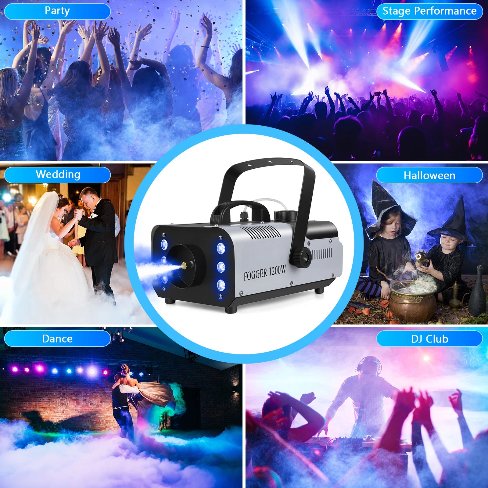 Fieryzeal 1200W Professional Fog / Smoke Machine.  Remote controlled, with 6 LED Color Changing Lights.  DJ Frogs all in one.