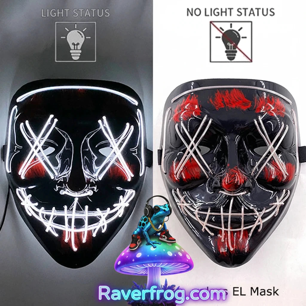 Wireless Neon LED Festival Mask.  **AAA Battery Powered** Wireless Set-Up.  Multi-Mode Options.  18hr Battery Life!