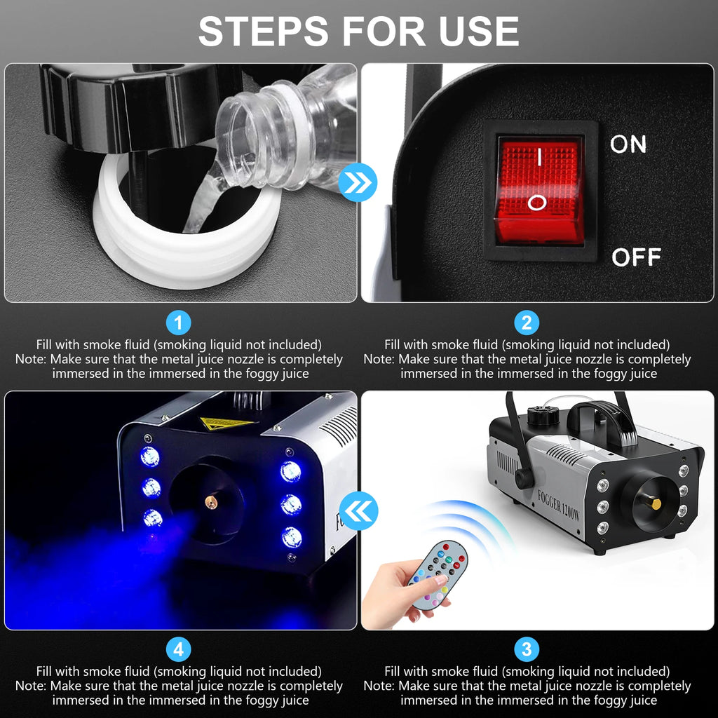 Fieryzeal 1200W Professional Fog / Smoke Machine.  Remote controlled, with 6 LED Color Changing Lights.  DJ Frogs all in one.