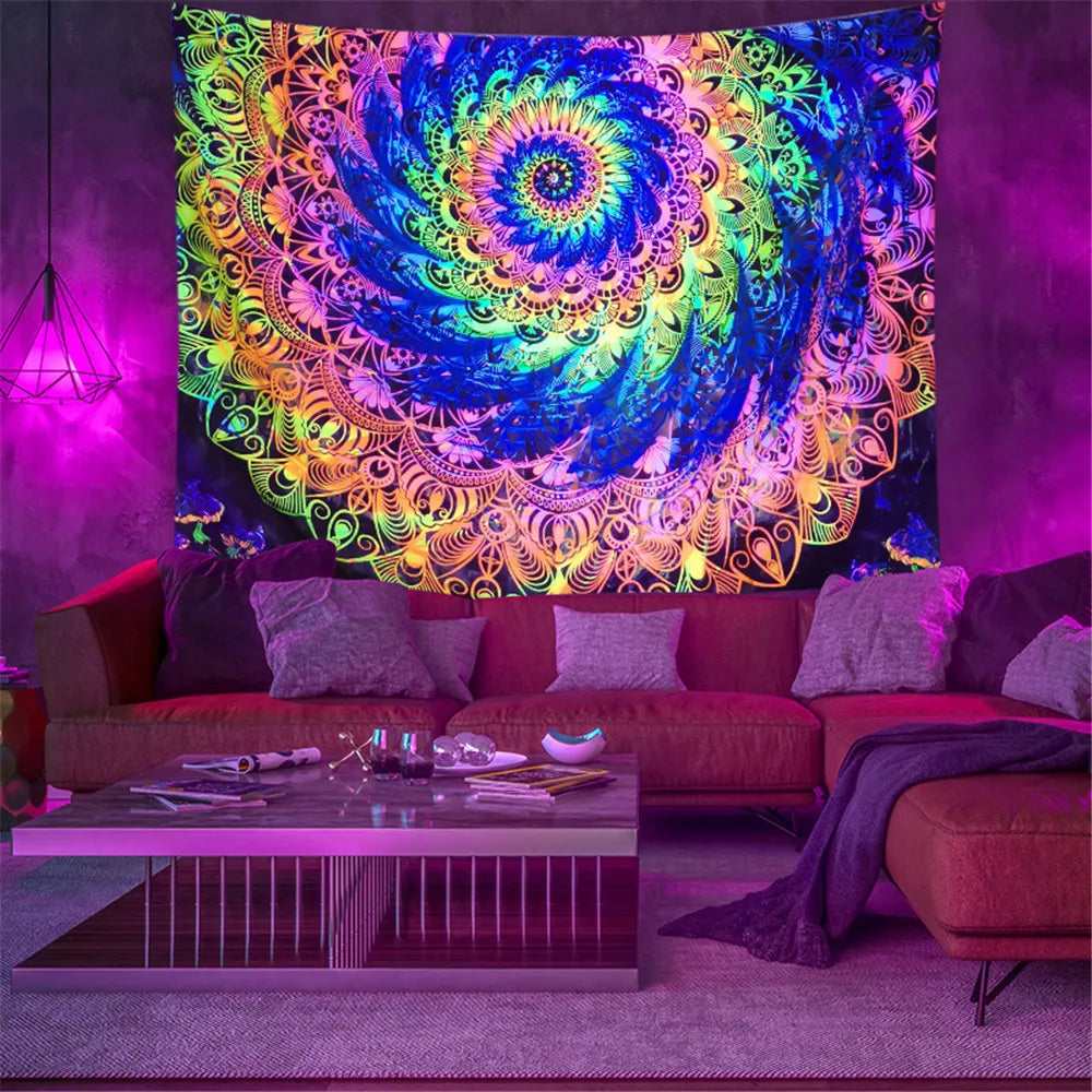 Fluorescent Trippy Namaste Tapestry Collection. Psychedelic Choices.