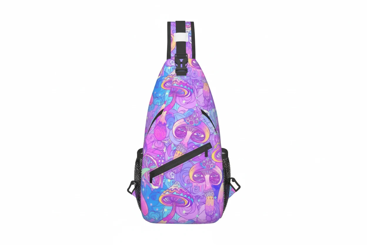 Naser’s Shroom Sack.  Colorful Magic Mushroom Casual Crossbody Backpack / Sling Bag.