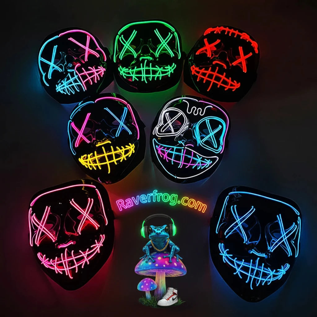 Wireless Neon LED Festival Mask.  **AAA Battery Powered** Wireless Set-Up.  Multi-Mode Options.  18hr Battery Life!