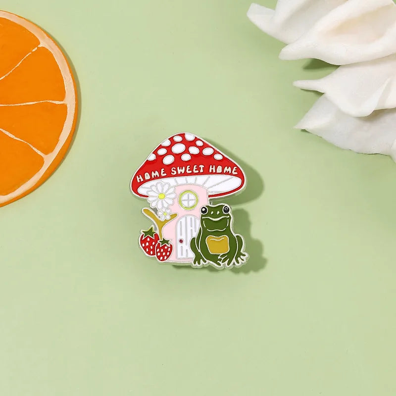 Cute R.F. Mushroom and Frog Home Enamel Pins