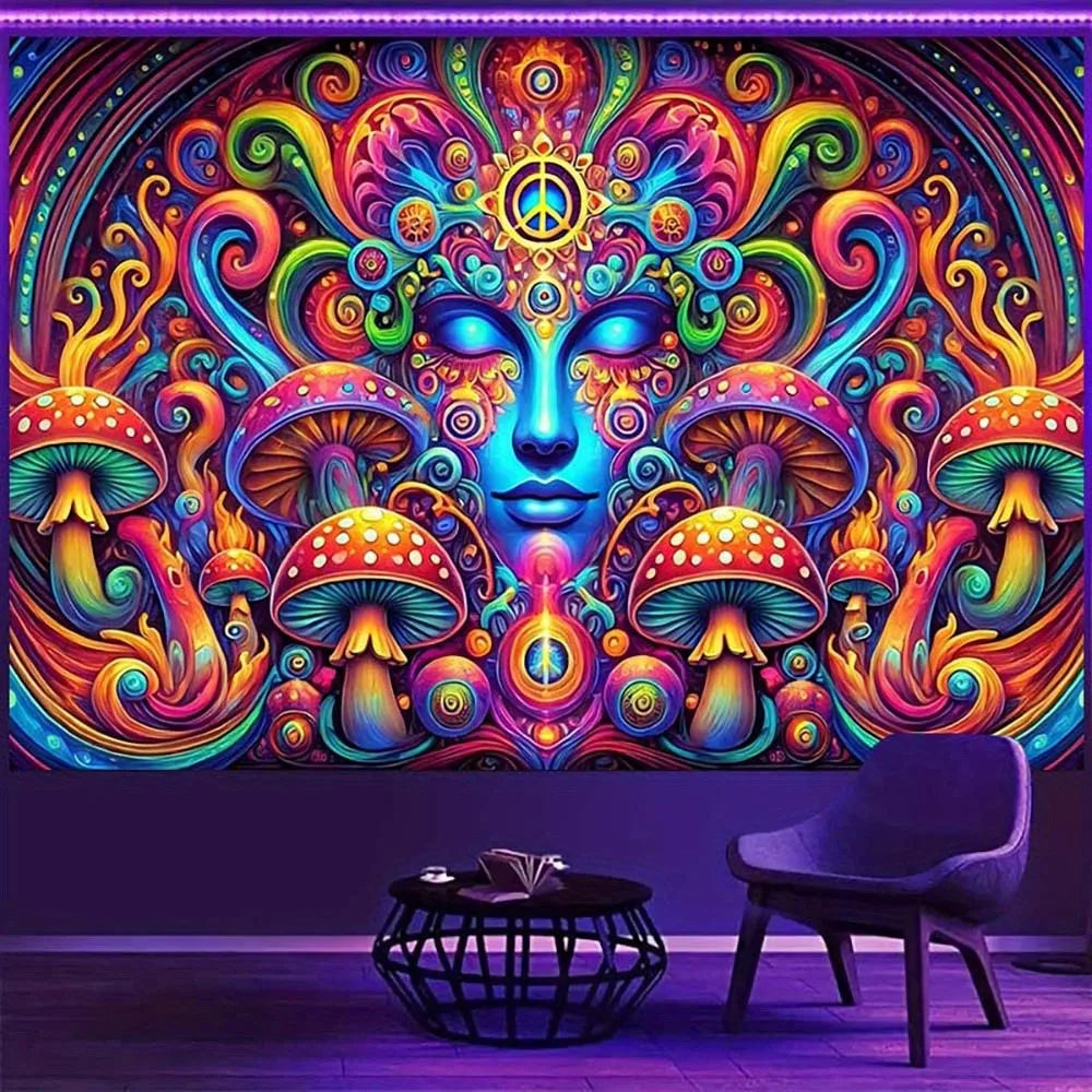 Trippy UV Mushroom Mandala Tapestry: Psychedelic Artistry.  Great Quality.