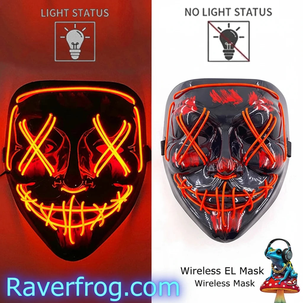 Wireless Neon LED Festival Mask.  **AAA Battery Powered** Wireless Set-Up.  Multi-Mode Options.  18hr Battery Life!