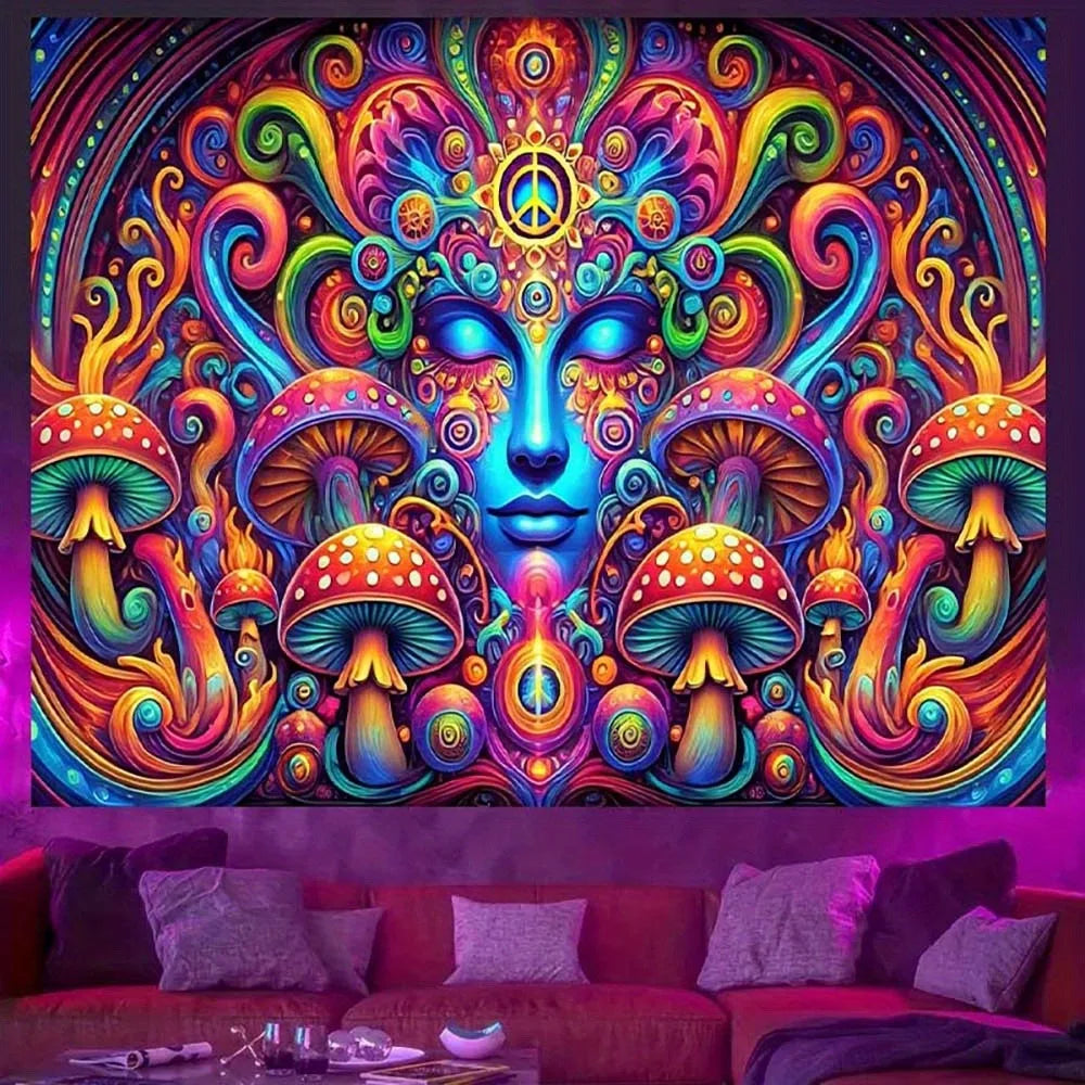 Trippy UV Mushroom Mandala Tapestry: Psychedelic Artistry.  Great Quality.