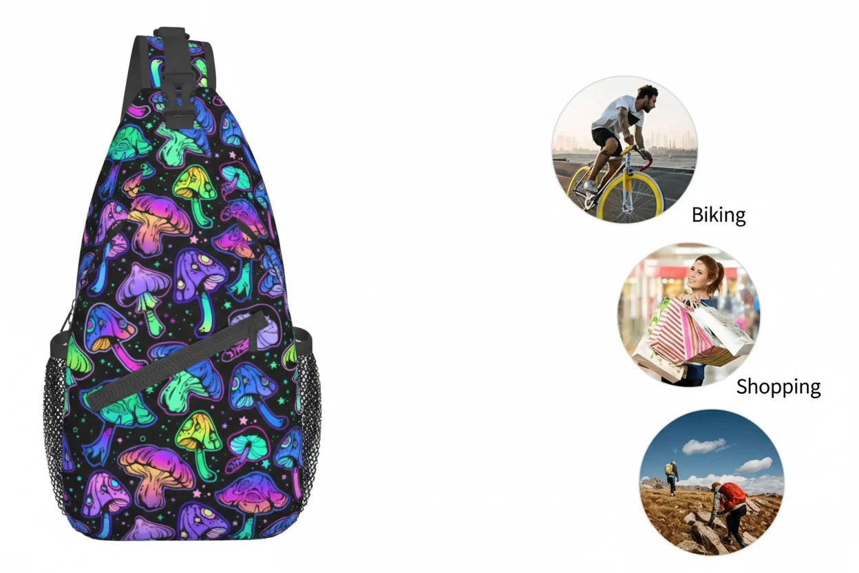 Naser’s Shroom Sack.  Colorful Magic Mushroom Casual Crossbody Backpack / Sling Bag.