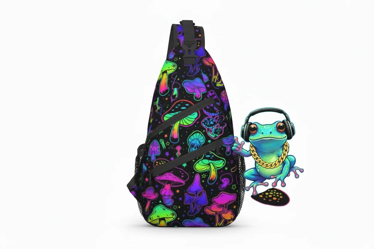 Naser’s Shroom Sack.  Colorful Magic Mushroom Casual Crossbody Backpack / Sling Bag.