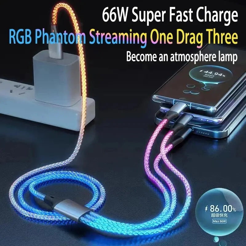 6A Super Fast Charging Colorful Glow Light Data Cable 3 in 1.  USB to Micro USB, Lightning, USBC.  3 feet.