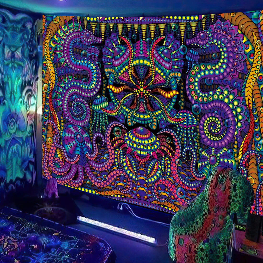 HD [UV] Black Light Psychedelic Mayan / Aztec Inspired Tapestry Collection