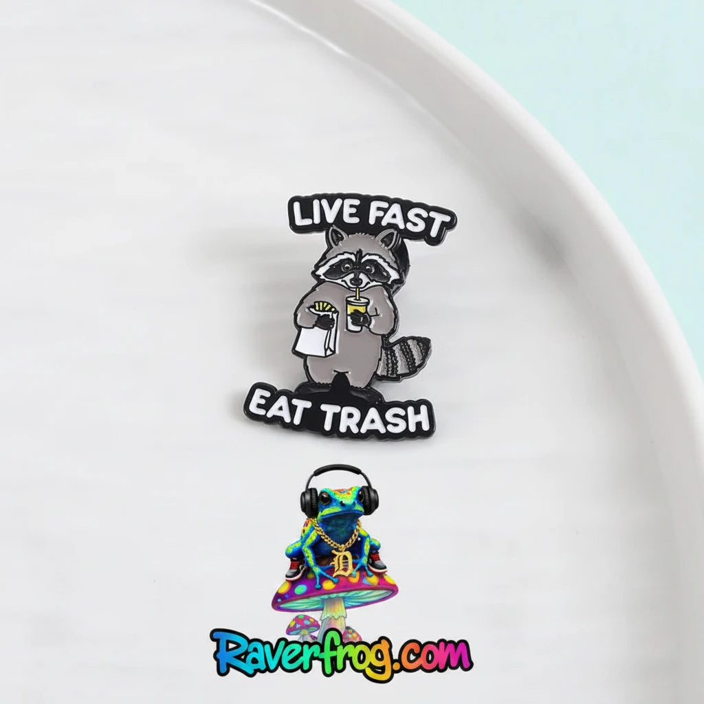 Raccoon “Live Fast East Trash” Enamel Festival Pin.