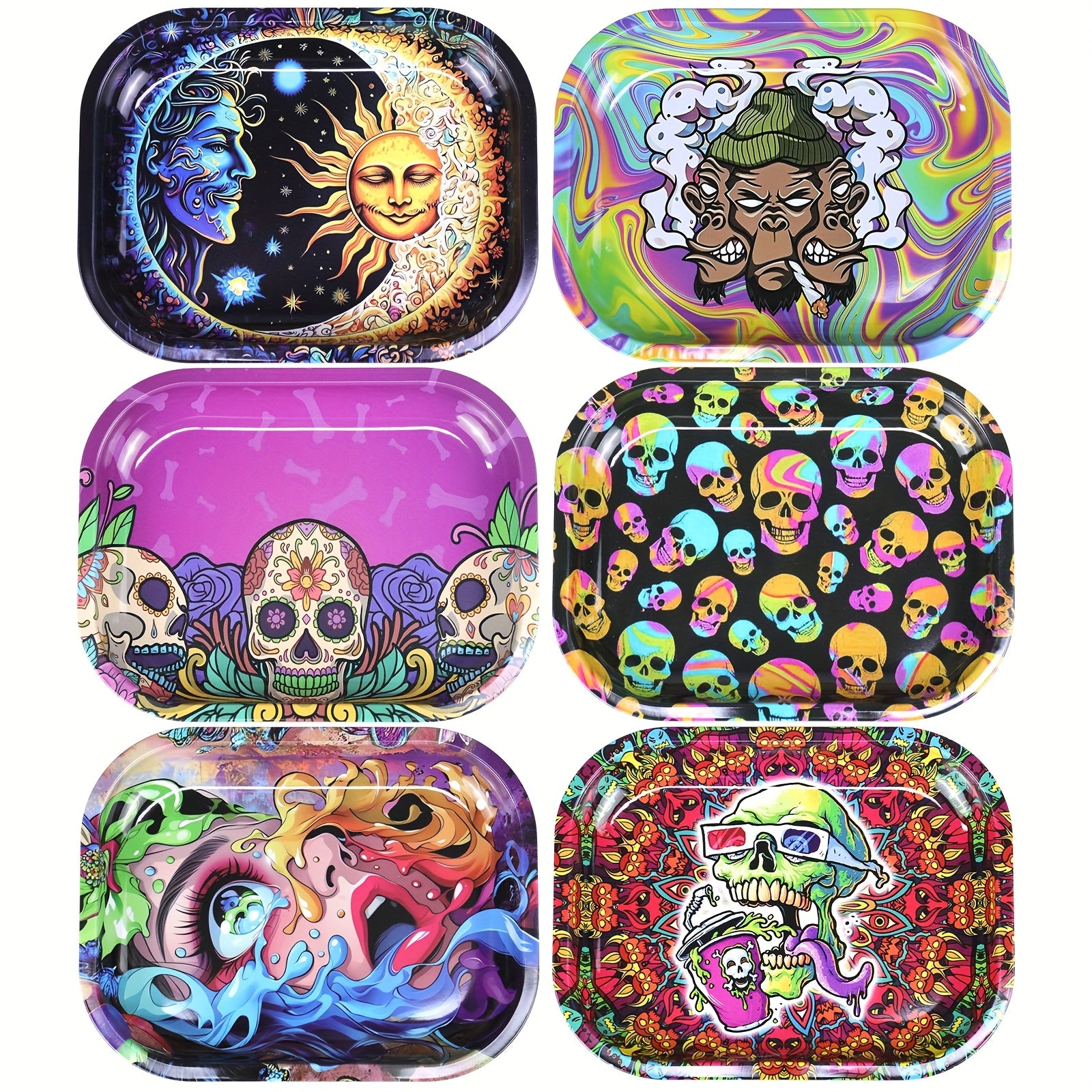 Heavy-Duty Metal Rolling Trays.  Psychedelic Gothic, Skull Designs. Variety of Images.